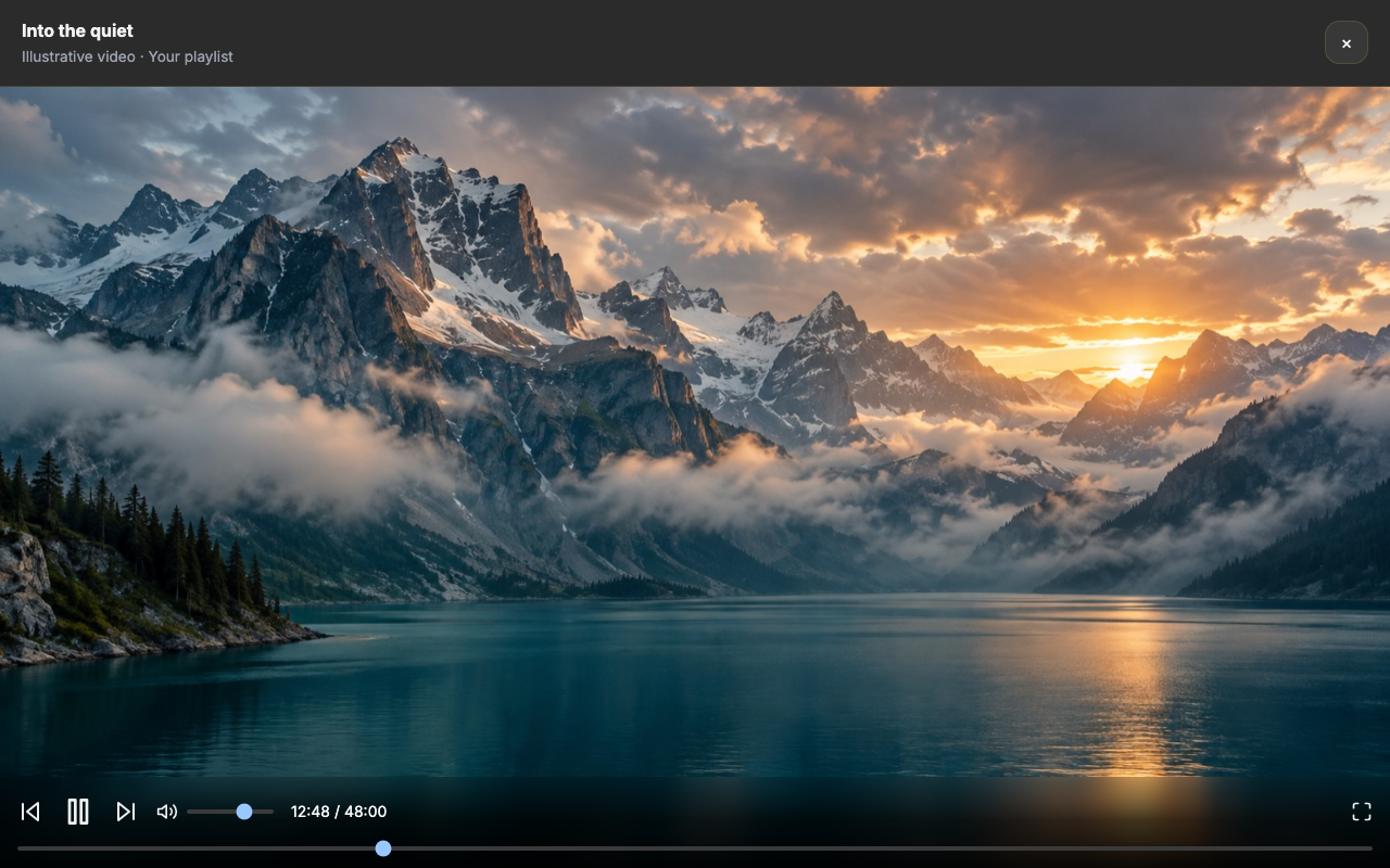 VeePlay desktop player layout with cinematic sample video, title bar, playback, volume, progress and fullscreen controls.