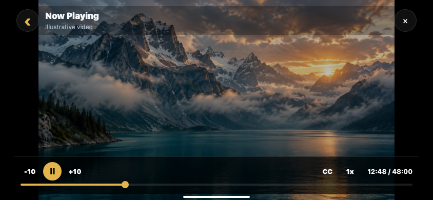 Source-based VeePlay mobile landscape player preview with back, Now Playing, skip, pause, subtitles, speed and seek controls.